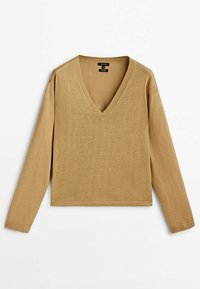 Pull col en V à manches longues de couleur brun clair avec poignets et ourlet côtelés, posé à plat sur un fond blanc.