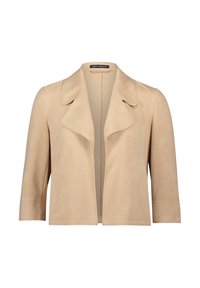 Veste en suède beige avec un col en V, une fermeture ouverte et des manches courtes. Présente une texture lisse et des coutures nettes. Sans fermetures ni motifs.