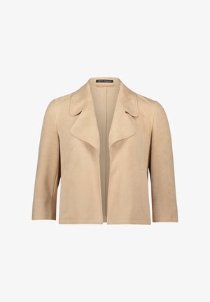Veste en suède beige avec un col en V, une fermeture ouverte et des manches courtes. Présente une texture lisse et des coutures nettes. Sans fermetures ni motifs.