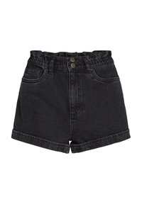 Črne denim kratke hlače z visokim pasom, ki imajo teksturiran elastični pas, dve sprednji žepi in zvite obrobnice. Dva kovinska gumba spredaj.