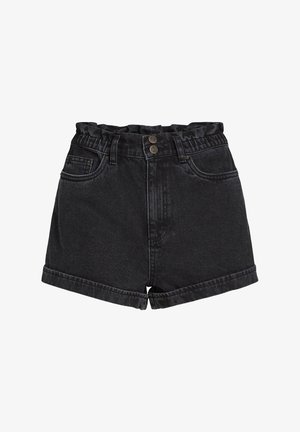 Black denim shorts with a high waist, featuring a textured elasticated waistband, two front pockets, and rolled hems. Two metallic buttons at the front.
