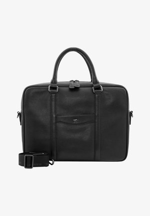 Borsa per laptop in pelle nera con superficie texture, doppio manico, tasca frontale e tracolla staccabile. Finiture in hardware argentato.