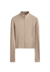 Beige Cropped-Jacke mit langen Ärmeln, gerippter Textur an den Schultern und einem Frontreißverschluss. Verfügt über Seitentaschen für Funktionalität.