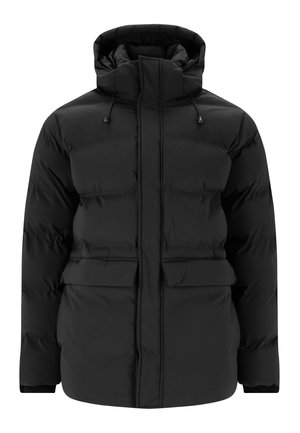 Black puffer jacket with a hood, featuring a zip front, two large front pockets, and elastic cuffs. Made from a smooth, water-resistant material.