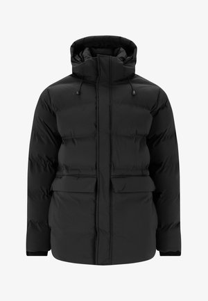 Schwarze Melonenjacke mit Kapuze, ausgestattet mit einem Reißverschluss vorne, zwei großen Vordertaschen und elastischen Bündchen. Hergestellt aus einem glatten, wasserabweisenden Material.