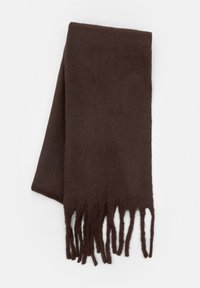 Écharpe marron en matériau doux et texturé, avec des bords frangés et une forme rectangulaire. La surface présente un aspect uniforme subtil.