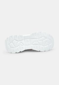 Shoe sole with a rugged white rubber design, featuring deep grooves and a textured surface for traction.