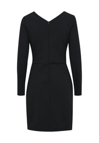 Schwarzes Kleid mit langen Ärmeln, V-Ausschnitt und Reißverschluss hinten. Figurbetonter Schnitt mit Abnähern zur Formgebung. Glatte Stoffoberfläche.