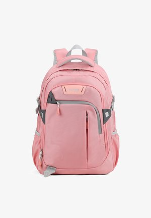 Sac à dos en tissu rose avec des accents gris. Il dispose de plusieurs zips, de bretelles rembourrées et d'une poignée supérieure pour le transporter.