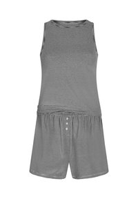 Grijs gestreepte tanktop met een ronde halslijn en bijpassende shorts. De shorts hebben een elastische tailleband en drie knoopaccenten.