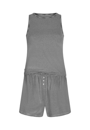 Grijs gestreepte tanktop met een ronde halslijn en bijpassende shorts. De shorts hebben een elastische tailleband en drie knoopaccenten.