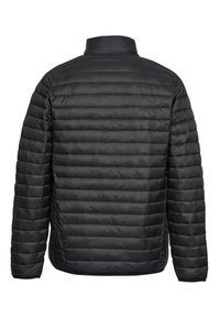 Schwarze Steppjacke mit gequilter Textur, Stehkragen und langen Ärmeln. Die Rückansicht zeigt horizontale Nähte entlang des Körpers.