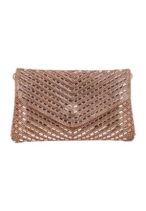 Kézitáska rózsaarany fémgyöngyökkel és strasszkövekkel, amelyek halszálka- és geometrikus mintákba vannak rendezve az elülső fedélen.