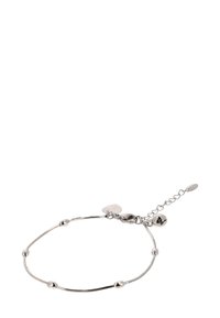 Srebrna bransoletka o delikatnym wzorze łańcuszka z zaokrąglonymi ogniwami i zapięciem na homara. Wyjątkowe elementy to małe charmsy w formie dysków oraz fakturowany akcent.