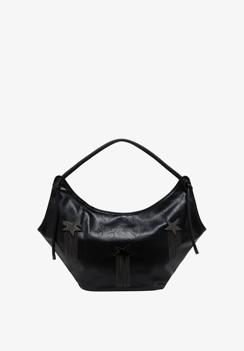 Sort syntetisk håndtaske med en blød tekstur, en buet form og to stjerneudsmykninger med hængende frynser foran.