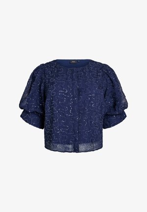 Marineblaue, verkürzte Bluse aus strukturierter Stoff, mit puffigen kurzen Ärmeln und einem bestickten Design, das subtil mit Pailletten verziert ist.