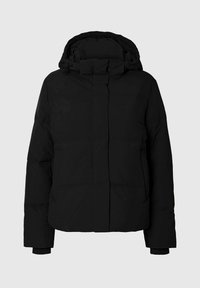 Sort dunjakke med høj krave, lynlås foran, sidelommer og ribbede manchetter. Stoffet er glat med en mat finish.