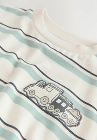 Valkoinen puuvillainen t-paita, jossa vaaleanvihreät ja laivastonsiniset raidat. Edessä mustalla ja harmaalla kirjailtu junakuva.