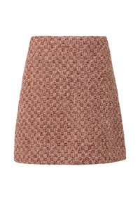 A-lijn minirok van textuurachtig, tweedachtig materiaal in tinten roze en rood op een effen witte achtergrond.