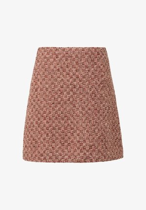A-lijn minirok van textuurachtig, tweedachtig materiaal in tinten roze en rood op een effen witte achtergrond.