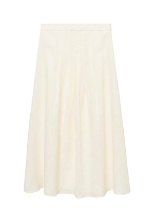 Plisseret midi-nederdel, lavet af lyst cremefarvet stof. Har en stram talje og et flydende design, med blød tekstur og glat silhuet.