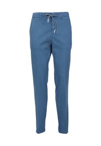 Blaue Baumwollmischung-Hosen mit einem Kordelzugbund, schmaler Passform und glatter Textur. Verfügt über zwei Seitentaschen und ein einfaches Design.