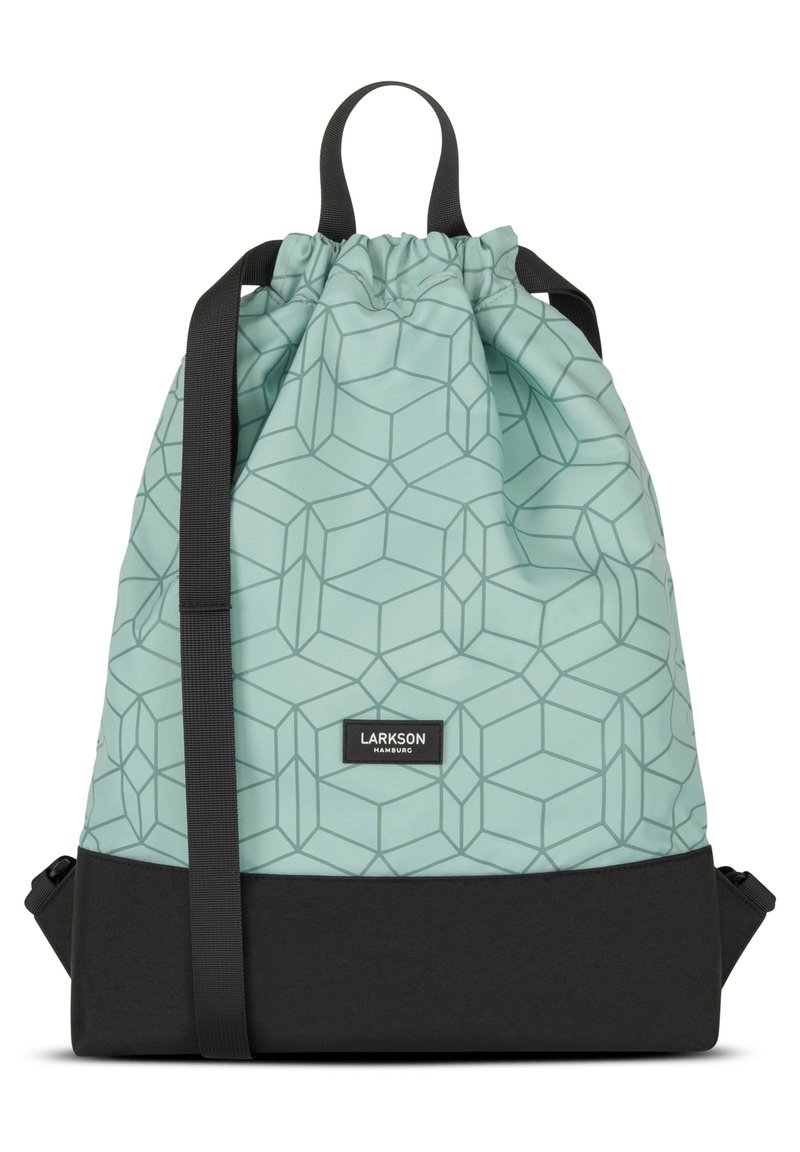 Menta zöld húzózsinóros hátizsák geometrikus mintával, fekete alappal, állítható pántokkal és logóval ellátott folttal. Simaszerkezet, könnyű anyag.