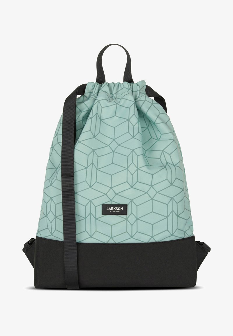 Menta zöld húzózsinóros hátizsák geometrikus mintával, fekete alappal, állítható pántokkal és logóval ellátott folttal. Simaszerkezet, könnyű anyag.