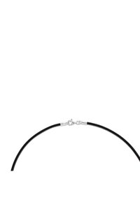 Collana in corda di pelle nera con una texture liscia, dotata di un gancio a moschettone in argento per una chiusura sicura e un design minimalista.