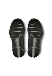 Schwarze Sport-Schuhsohlen mit einer strukturierten Gumm Oberfläche, ausgestattet mit multidirektionalen Stollen für Traktion und kontrastierenden grauen Akzenten.