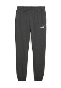 Mørkegrå Puma sweatpants med elastisk talje og manchetter, med hvid Puma-logo på den øverste venstre lår.