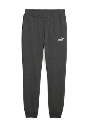 Mørkegrå Puma sweatpants med elastisk talje og manchetter, med hvid Puma-logo på den øverste venstre lår.