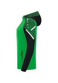 Kapuzenshirt hauptsächlich in grün mit schwarzen Akzenten, verfügt über ein strukturiertes Design an den Schultern, seitliche Reißverschlüsse und weiße grafische Details.