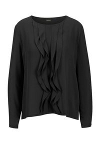 Zwarte blouse met lange mouwen, voorzien van een geschulpte voorkant, een gladde textuur en een ronde halslijn, in een ontspannen pasvorm.