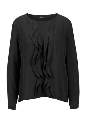 Schwarze Bluse mit langen Ärmeln, die ein gefranstes Vorderdesign, eine glatte Textur und einen runden Halsausschnitt aufweist, im entspannten Schnitt.