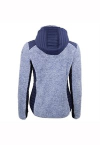 Vezelig marineblauw jack met een gemêleerd lichaam, soepele gewatteerde schouders en een capuchon. Kenmerkt zich door een slim fit en zijzakken.