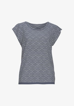 Marineblaues Kurzarmoberteil mit weißen horizontalen Streifen in unterschiedlichen Mustern. Rundhalsausschnitt und weicher, strukturierter Stoff.