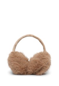 Cuffie di pelliccia marrone con una morbida fasciatura imbottita, progettate per calore e comfort in climi freddi.