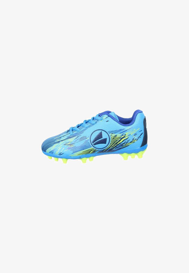 Blaue synthetische Fußballschuhe mit gelben Akzenten, featuring einem strukturierten Obermaterial, Schnürverschluss und geformten Noppen für Traktion.