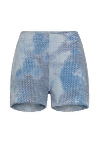 Pantaloni corti intrecciati e testurizzati in una gradazione di blu chiaro a blu scuro, con un delicato motivo a nuvole e orli sfilacciati. Adatti per un abbigliamento informale.