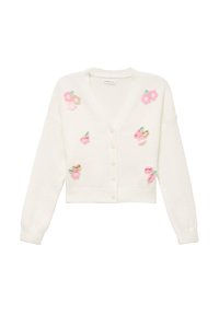 Gilet en laine blanche avec un col en V, orné d'une broderie florale colorée en rose, vert et beige, et fermeture par boutons à l'avant.