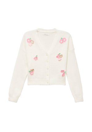 Cardigan bianco in lana con scollo a V, caratterizzato da ricami floreali colorati in tonalità di rosa, verde e beige, e chiusura con bottoni sul davanti.