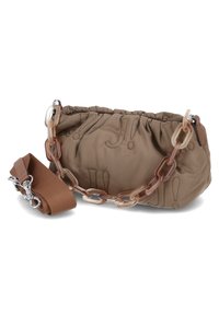 Borsa a tracolla marrone, trapuntata, con parte superiore arricciata, dotata di una tracolla in catena trasparente e di una tracolla in tessuto regolabile. Motivi decorativi di "!" impresso.