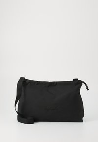 Black crossbody bag made of lightweight fabric, featuring a sleek, rectangular shape, adjustable strap, and embossed logo on the front.