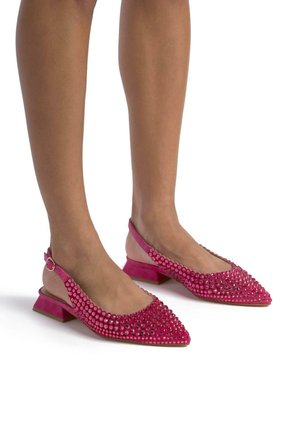 Pink slingback shoes with pointed toes, covered in rhinestones. They feature a low heel and suede-like texture. Adjustable strap at the back.