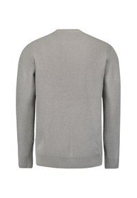 Grijze gebreide trui met een ribbelstructuur, lange mouwen en een ronde halslijn. De achteraanzicht toont een gladde, uniforme afwerking zonder versieringen.