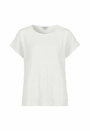 Biała bluzka z krótkim rękawem wykonana z teksturowanej, pogniecionej tkaniny, z okrągłym dekoltem, luźnym krojem i falowanymi brzegami rękawów.