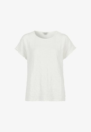 Hvid bluse med korte ærmer i tekstureret krøllet stof og rund halsudskæring, løs pasform og bølgede ærmekanter.