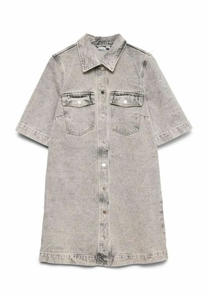 Grey denim shirt dress with short sleeves, button closure, two front pockets, and soft texture, featuring faded areas and a relaxed fit.