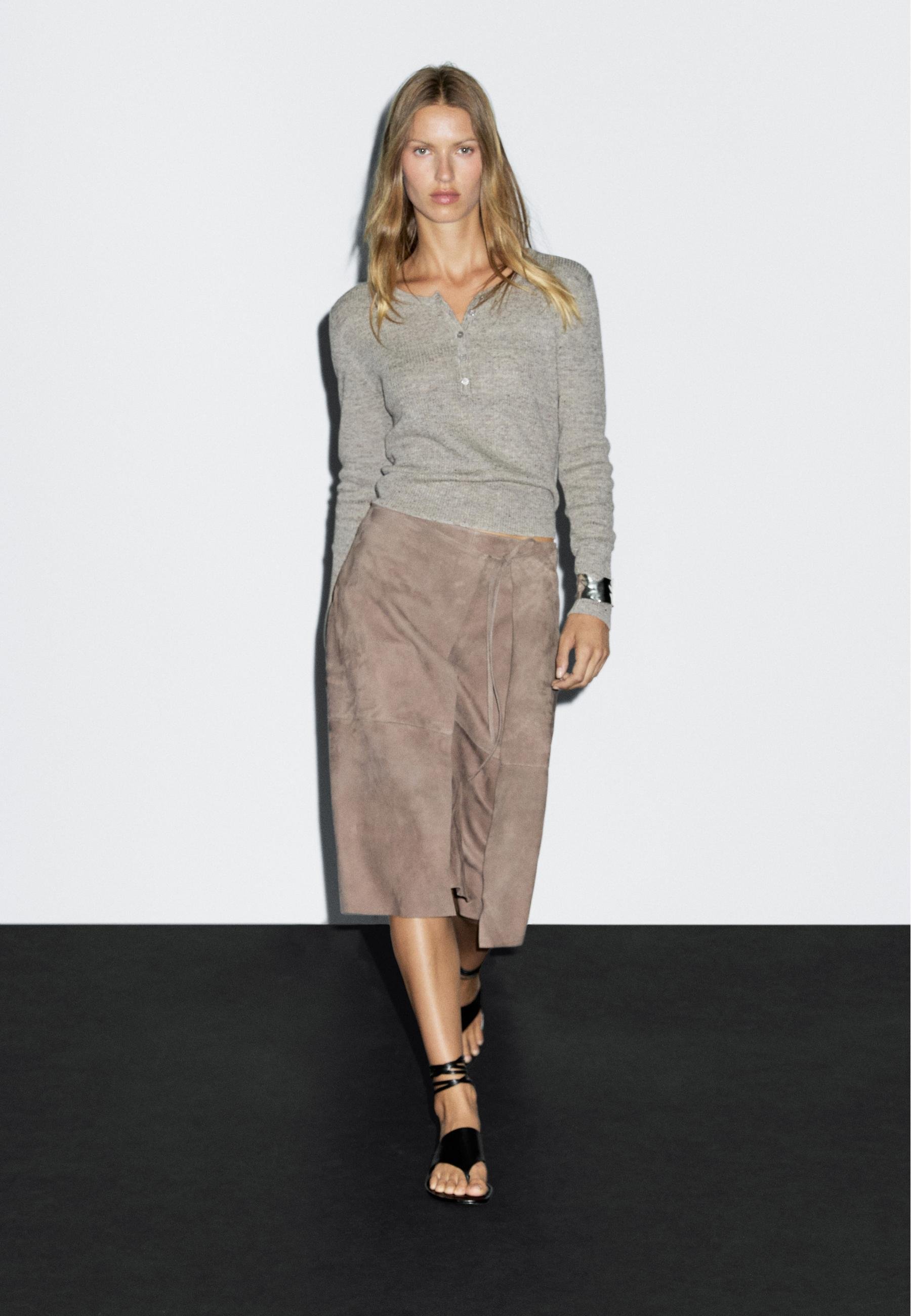 Massimo Dutti WRAP MIDI - Leather skirt - mottled brown
